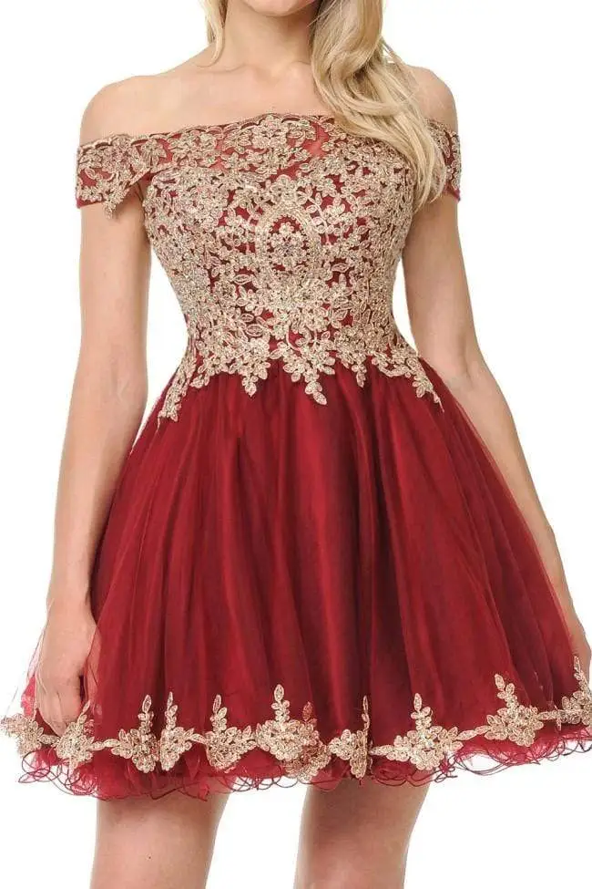 Lenovia - 8124 Gold Lace Appliqued Off Shoulder A-Line Dress 8 Lenovia - 8124 Gold Lace Appliqued Off Shoulder A-Line Dress - Image 8