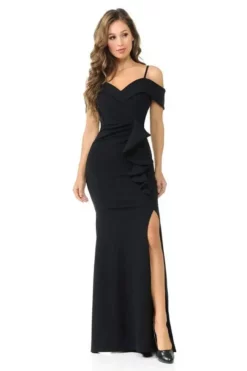 Lenovia - Long Off Shoulder Ruffle Trimmed Dress 5206 -Hot Sale WEDDING Store lenovia long off shoulder ruffle trimmed dress 5206 ccsale l black 28331512660051