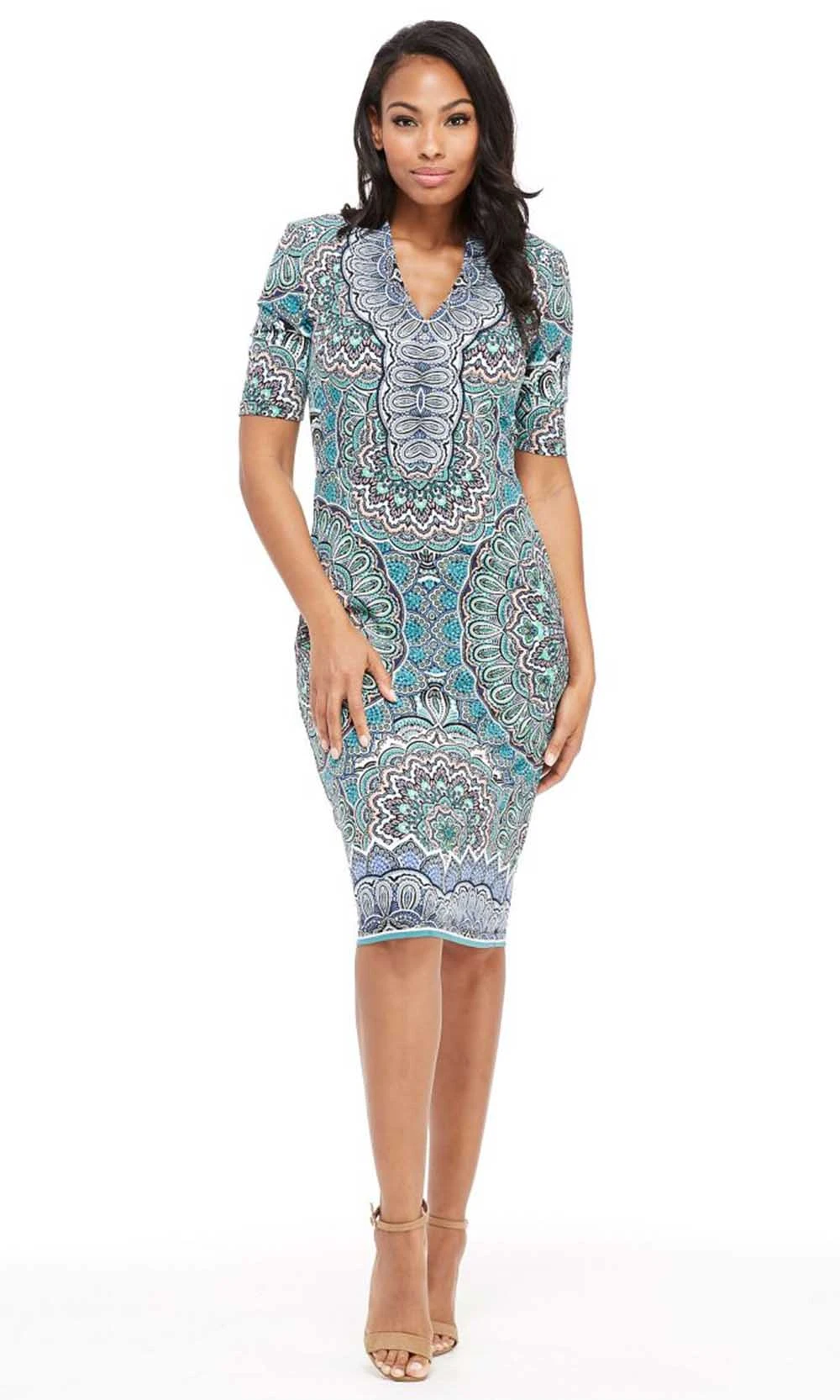 London Times - T3961M V-Neck Medallion Print Jersey Midi Sheath Dress 1 London Times - T3961M V-Neck Medallion Print Jersey Midi Sheath Dress