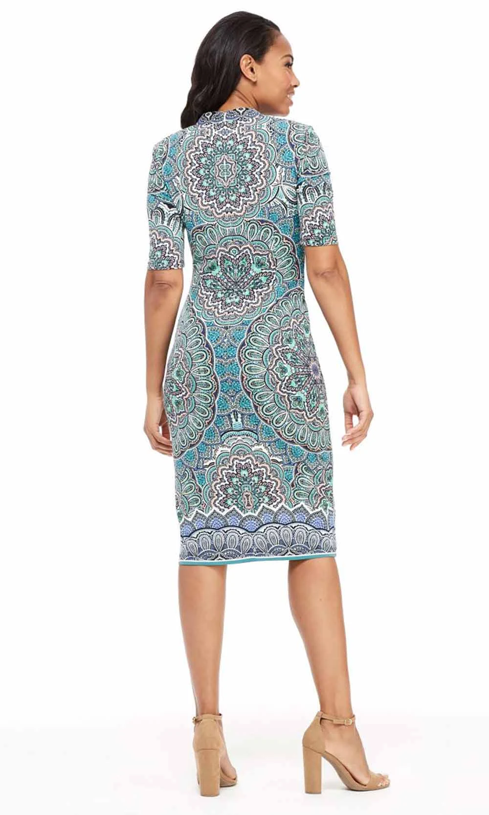 London Times - T3961M V-Neck Medallion Print Jersey Midi Sheath Dress 2 London Times - T3961M V-Neck Medallion Print Jersey Midi Sheath Dress - Image 2