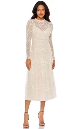 Mac Duggal 9142 - Long Sleeve Illusion Neckline Tea Length Dress