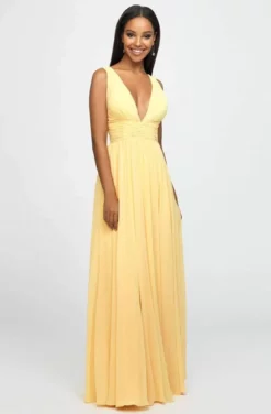 Madison James - 19-193 Plunging Neck Empire Waist Chiffon A-Line Gown -Hot Sale WEDDING Store madison james 19 193 plunging neck empire waist chiffon a line gown special occasion dress 0 yellow 13745170186323