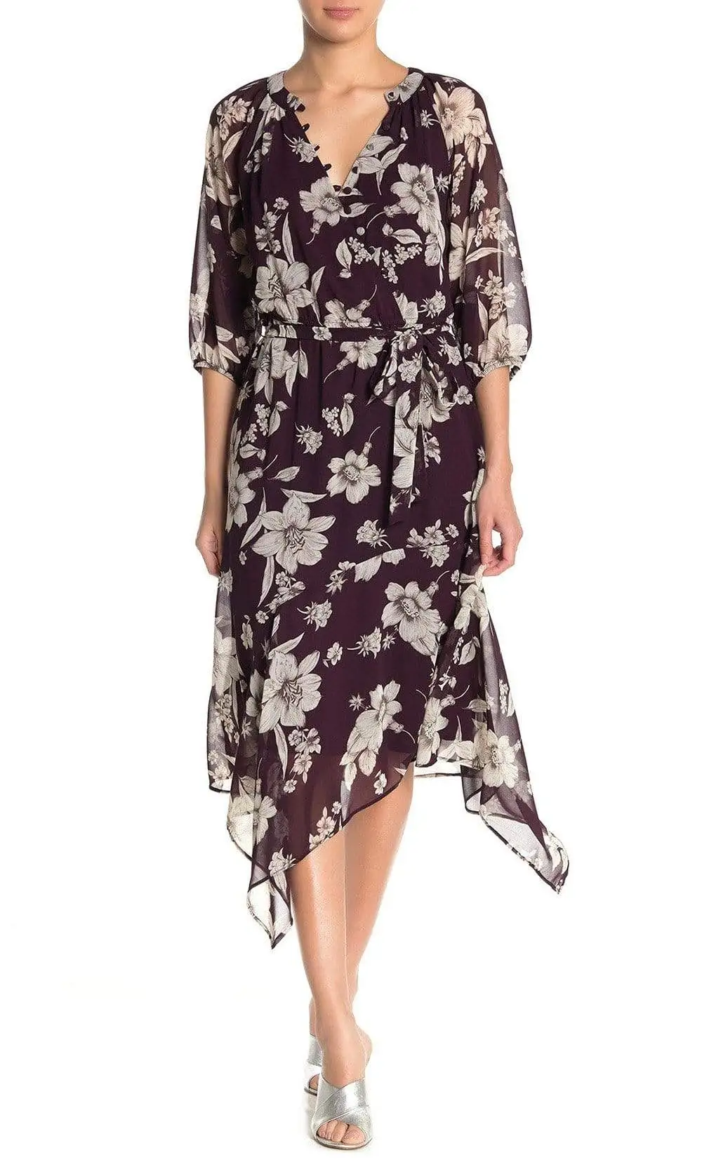 Maison Tara - 91136M Tea Length Floral Faux Wrap Style Dress 1 Maison Tara - 91136M Tea Length Floral Faux Wrap Style Dress