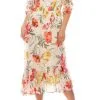 Maison Tara - Ruffle Trimmed Sleeve Tie Notch A-Line Dress 95084M - 1 Pc Ivory Coral Yellow In Size 10 Available