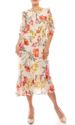Maison Tara - Ruffle Trimmed Sleeve Tie Notch A-Line Dress 95084M - 1 Pc Ivory Coral Yellow In Size 10 Available