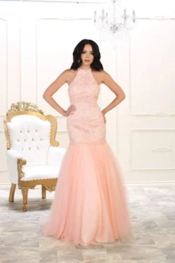 May Queen Bridal - RQ7505 Embroidered High Halter Mermaid Dress -Hot Sale WEDDING Store may queen bridal rq7505 embroidered high halter mermaid dress special occasion dress 4 blush 5729512063033