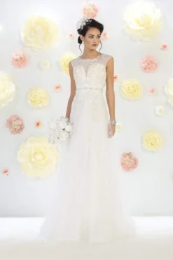 May Queen Bridal - Sequined Lace Bateau Illusion A-line Dress RQ7461