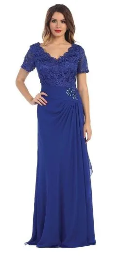 May Queen Lace V-Neck Short Sleeves Evening Dress MQ1229
