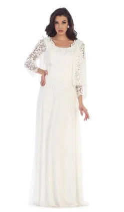May Queen - MQ1288 Exquisite Bateau Lace Long Evening Dress With Lace Jacket