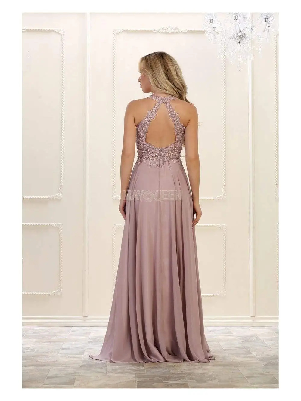 May Queen - MQ1557 Embroidered Halter Neck A-line Dress 8 May Queen - MQ1557 Embroidered Halter Neck A-line Dress - Image 8