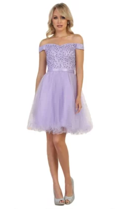 May Queen - MQ1565 Off Shoulder Beaded Tulle Cocktail Dress -Hot Sale WEDDING Store may queen mq1565 off shoulder beaded tulle cocktail dress cocktail dresses 2 lilac 7006711316563
