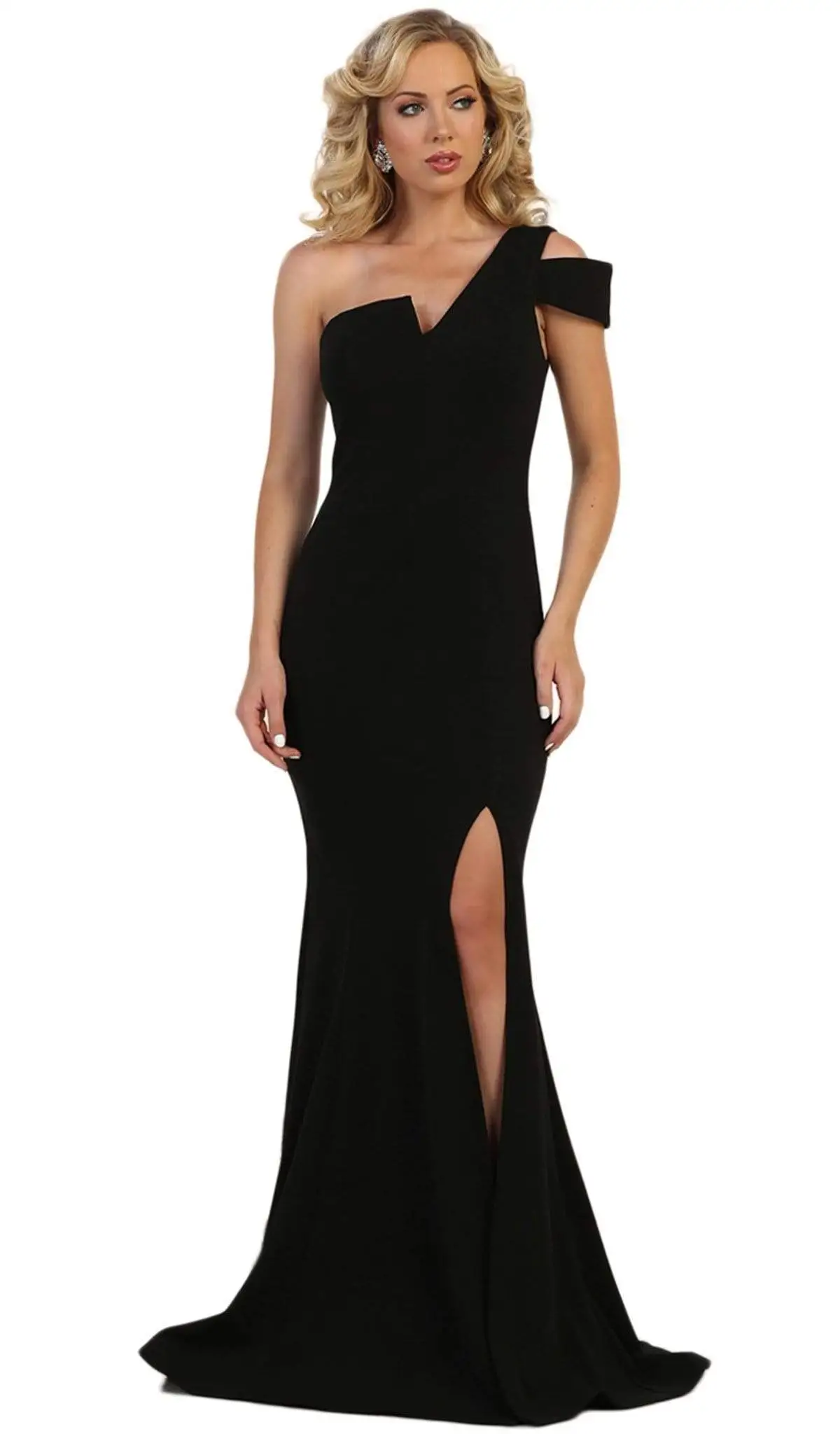 May Queen - MQ1572 Fitted One Shoulder Strap Evening Dress With Slit 1 May Queen - MQ1572 Fitted One Shoulder Strap Evening Dress With Slit