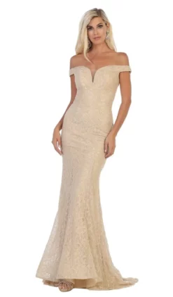 May Queen - MQ1596 Allover Lace Off Shoulder Lace Up Back Mermaid Gown -Hot Sale WEDDING Store may queen mq1596 allover lace off shoulder lace up back mermaid gown bridesmaid dresses 4 champagne 28500619296851