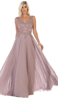 May Queen - MQ1610 Floral Applique V-neck A-line Dress -Hot Sale WEDDING Store may queen mq1610 floral applique v neck a line dress formal gowns 4 mauve 27975894958163