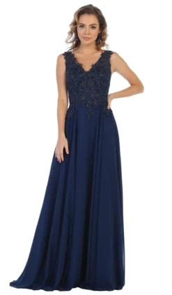 May Queen - MQ1610 Floral Applique V-neck A-line Dress -Hot Sale WEDDING Store may queen mq1610 floral applique v neck a line dress formal gowns 4 navy 27975908720723