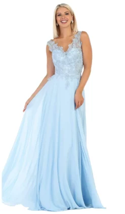 May Queen - MQ1610 Floral Applique V-neck A-line Dress -Hot Sale WEDDING Store may queen mq1610 floral applique v neck a line dress formal gowns 4 sky blue 27976845099091