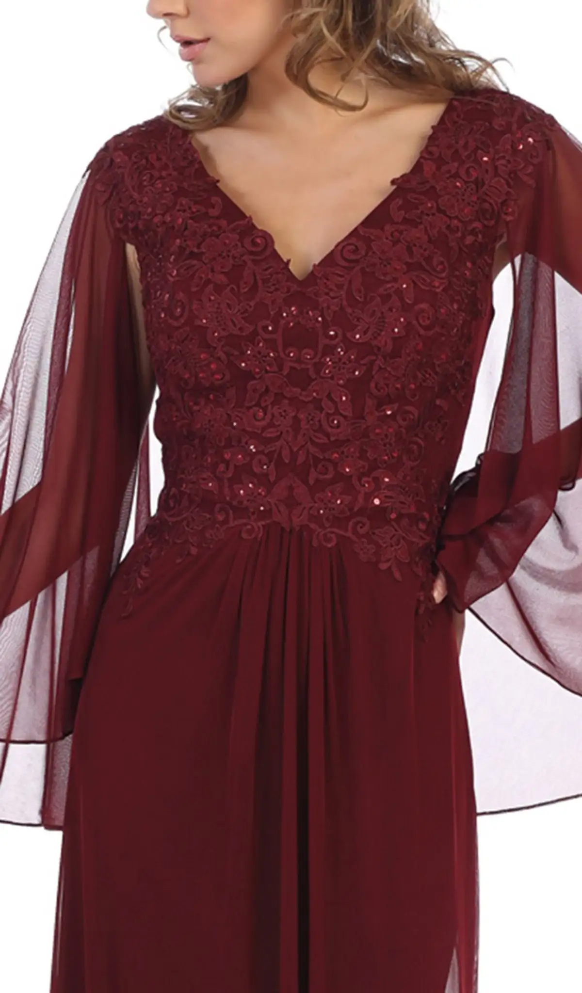 May Queen - MQ1612B Applique V-neck Long Sheath Dress 2 May Queen - MQ1612B Applique V-neck Long Sheath Dress - Image 2