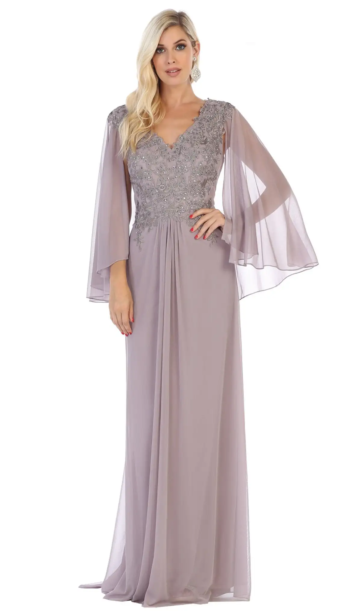May Queen - MQ1612B Applique V-neck Long Sheath Dress 7 May Queen - MQ1612B Applique V-neck Long Sheath Dress - Image 7