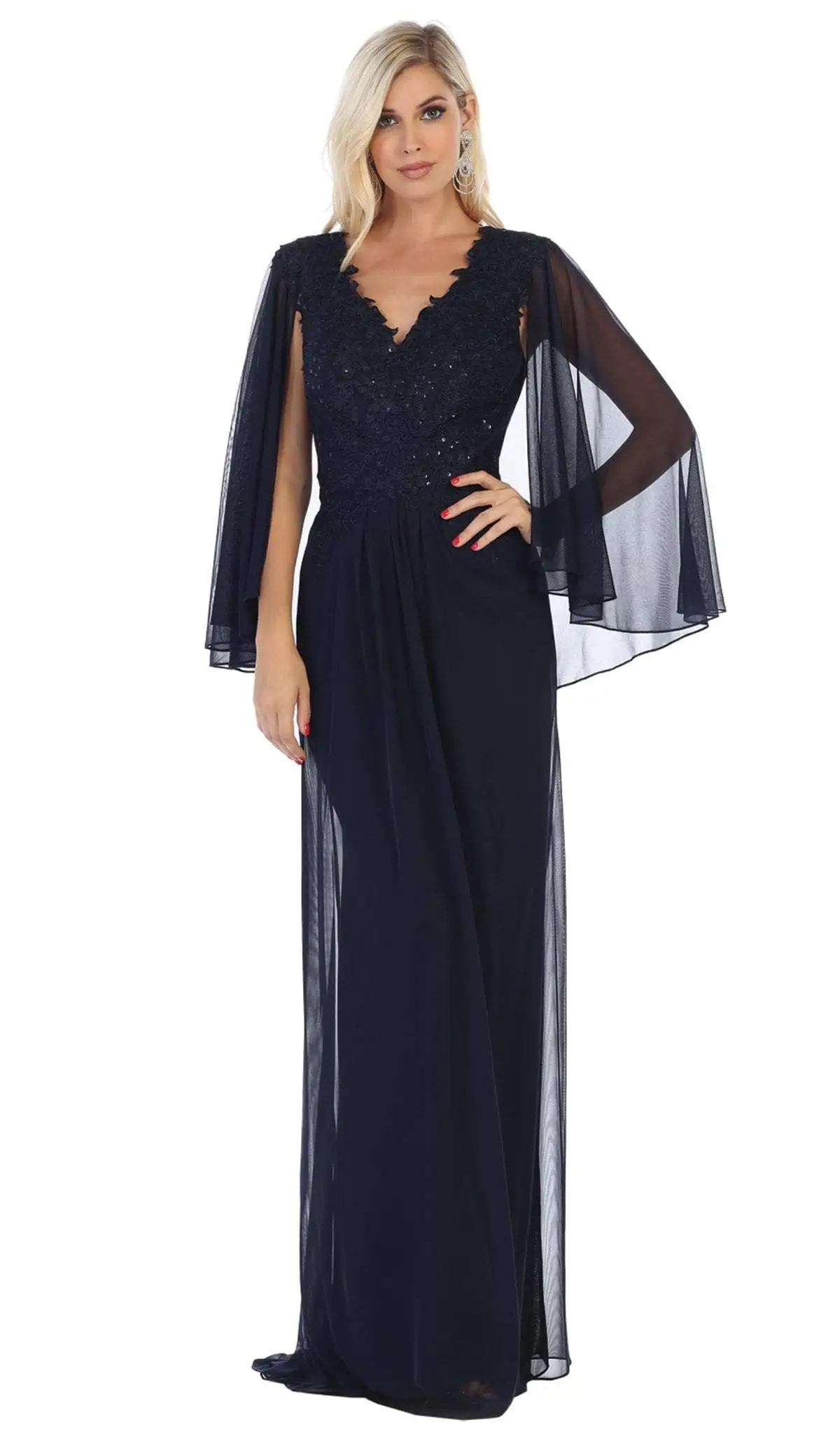 May Queen - MQ1612B Applique V-neck Long Sheath Dress 9 May Queen - MQ1612B Applique V-neck Long Sheath Dress - Image 9