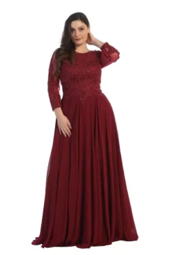 May Queen - MQ1615 Embroidered Long Sleeve Bateau A-line Dress -Hot Sale WEDDING Store may queen mq1615 embroidered long sleeve bateau a line dress mother of the bride dresses m burgundy 29109237317715