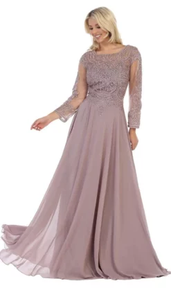 May Queen - MQ1615 Embroidered Long Sleeve Bateau A-line Dress -Hot Sale WEDDING Store may queen mq1615 embroidered long sleeve bateau a line dress mother of the bride dresses m mauve 27982874640467
