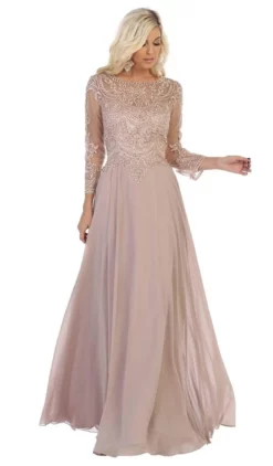 May Queen - MQ1615 Embroidered Long Sleeve Bateau A-line Dress -Hot Sale WEDDING Store may queen mq1615 embroidered long sleeve bateau a line dress mother of the bride dresses m mocha 27993775177811