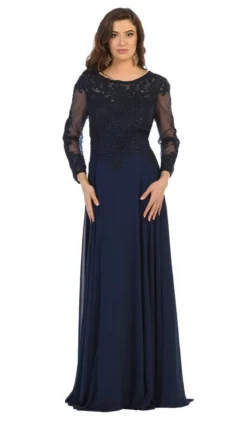 May Queen - MQ1615 Embroidered Long Sleeve Bateau A-line Dress -Hot Sale WEDDING Store may queen mq1615 embroidered long sleeve bateau a line dress mother of the bride dresses m navy 28497534353491