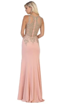 May Queen - MQ1629 Gold Appliqued Illusion Jewel Long Gown -Hot Sale WEDDING Store may queen mq1629 gold appliqued illusion jewel long gown bridesmaid dresses 28889262653523