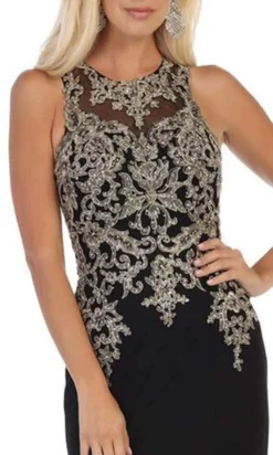 May Queen - MQ1629 Gold Appliqued Illusion Jewel Long Gown -Hot Sale WEDDING Store may queen mq1629 gold appliqued illusion jewel long gown bridesmaid dresses 28889262948435