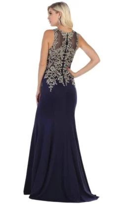 May Queen - MQ1629 Gold Appliqued Illusion Jewel Long Gown -Hot Sale WEDDING Store may queen mq1629 gold appliqued illusion jewel long gown bridesmaid dresses 28889280610387