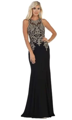 May Queen - MQ1629 Gold Appliqued Illusion Jewel Long Gown