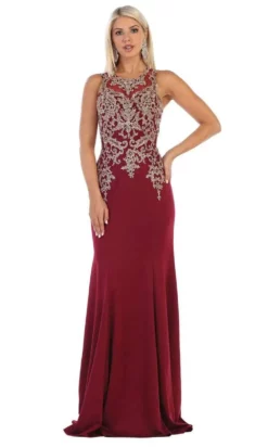 May Queen - MQ1629 Gold Appliqued Illusion Jewel Long Gown -Hot Sale WEDDING Store may queen mq1629 gold appliqued illusion jewel long gown bridesmaid dresses 4 burgundy gold 28889262751827