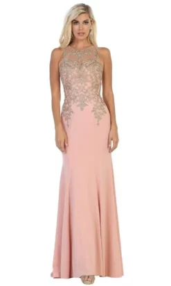 May Queen - MQ1629 Gold Appliqued Illusion Jewel Long Gown -Hot Sale WEDDING Store may queen mq1629 gold appliqued illusion jewel long gown bridesmaid dresses 4 dusty rose 28889262784595