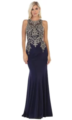 May Queen - MQ1629 Gold Appliqued Illusion Jewel Long Gown -Hot Sale WEDDING Store may queen mq1629 gold appliqued illusion jewel long gown bridesmaid dresses 4 navy gold 28889262915667