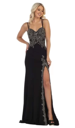 May Queen - MQ1633 Gilded Filigree High Slit Long Gown -Hot Sale WEDDING Store may queen mq1633 gilded filigree high slit long gown bridesmaid dresses 4 black 28497418649683