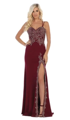 May Queen - MQ1633 Gilded Filigree High Slit Long Gown