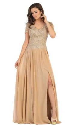 May Queen - MQ1638 Embellished V-neck A-line Dress -Hot Sale WEDDING Store may queen mq1638 embellished v neck a line dress special occasion dress m gold 28823394451539
