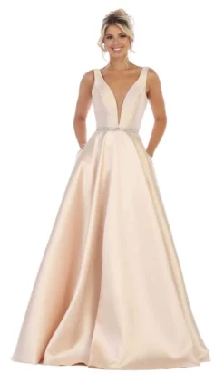 May Queen - MQ1683 Illusion Plunging Neck Sleeveless Satin A-Line Gown -Hot Sale WEDDING Store may queen mq1683 illusion plunging neck sleeveless satin a line gown bridesmaid dresses 4 champagne 27983499690067