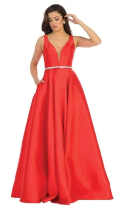 May Queen - MQ1683 Illusion Plunging Neck Sleeveless Satin A-Line Gown -Hot Sale WEDDING Store may queen mq1683 illusion plunging neck sleeveless satin a line gown bridesmaid dresses 4 red 28501966749779
