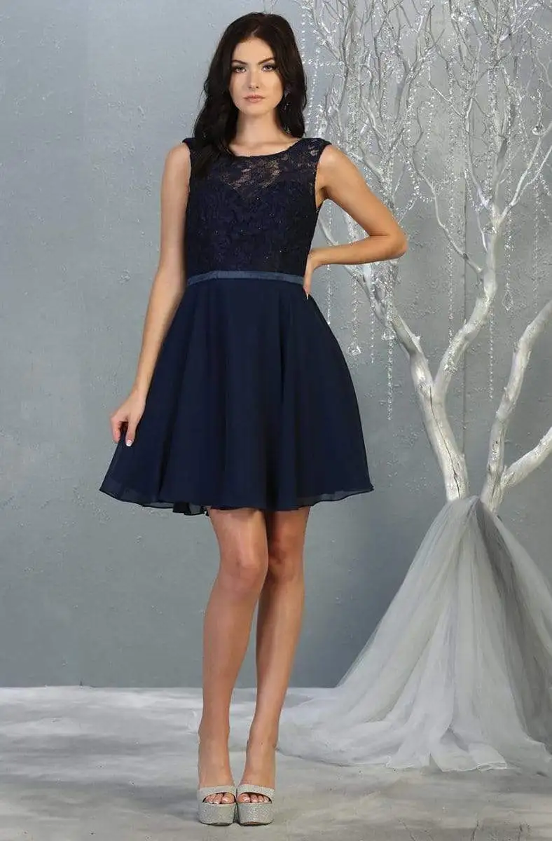 May Queen - MQ1814 Lace Chiffon Cocktail Dress With Lace-up Back 5 May Queen - MQ1814 Lace Chiffon Cocktail Dress With Lace-up Back - Image 5