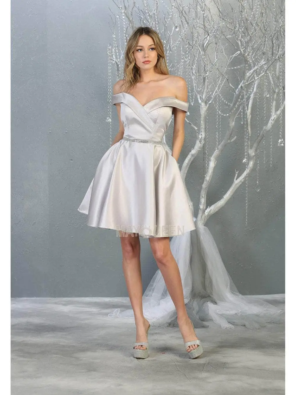 May Queen - MQ1815 Off Shoulder Satin Cocktail Dress 11 May Queen - MQ1815 Off Shoulder Satin Cocktail Dress - Image 11