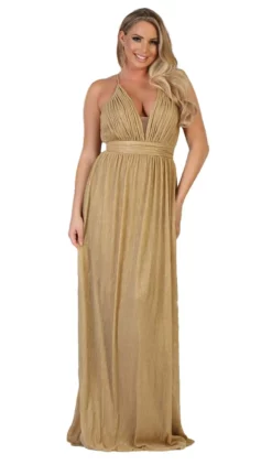 May Queen - Plunging V-Neck Pleated A-Line Dress MQ1635 - 1 Pc Gold In Size 16 Available