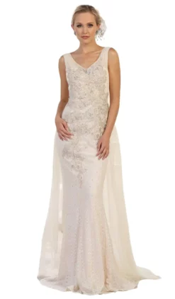 May Queen - RQ7563 Embroidered V Neck Gown With Overskirt