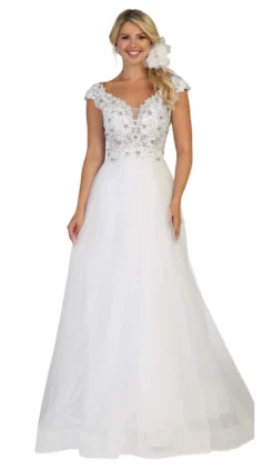 May Queen - RQ7645 Floral Applique Ornate Cap Sleeve Gown -Hot Sale WEDDING Store may queen rq7645 floral applique ornate cap sleeve gown bridesmaid dresses 4 white 28824612208723