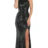 May Queen - RQ7656 Crystal Trimmed Sequined High Slit Gown
