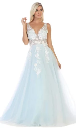 May Queen - RQ7733 Floral Embroidered Plunging V-Neck Dress