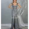 May Queen - RQ7812 Glitter Plunging V-Neck Dress With Slit