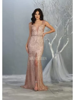 May Queen - RQ7812 Glitter Plunging V-Neck Dress With Slit -Hot Sale WEDDING Store may queen rq7812 glitter plunging v neck dress with slit mother of the bride dresses 4 rosegold 28080982786131