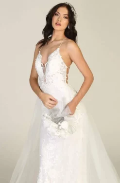 May Queen - RQ7823 Embroidered Deep V-neck Sheath Dress With Train -Hot Sale WEDDING Store may queen rq7823 embroidered deep v neck sheath dress with train wedding dresses 28081013751891