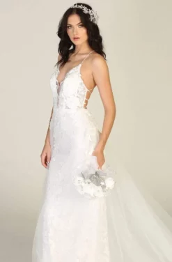 May Queen - RQ7823 Embroidered Deep V-neck Sheath Dress With Train -Hot Sale WEDDING Store may queen rq7823 embroidered deep v neck sheath dress with train wedding dresses 28822889594963